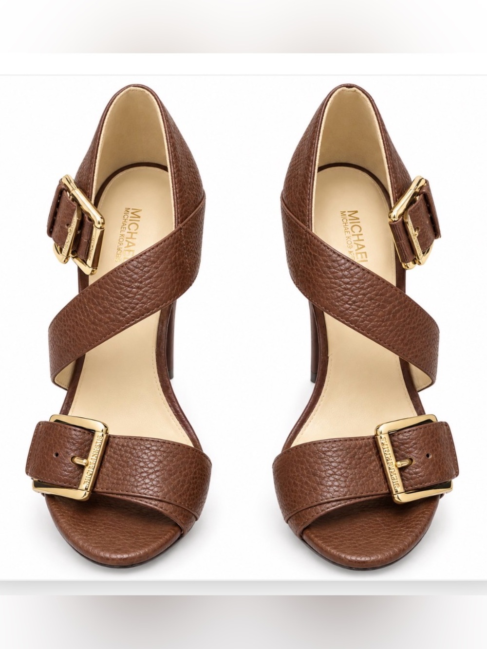 Michael Kors Brown Pebbled Leather Cross-Strap Heels with Gold Buckles